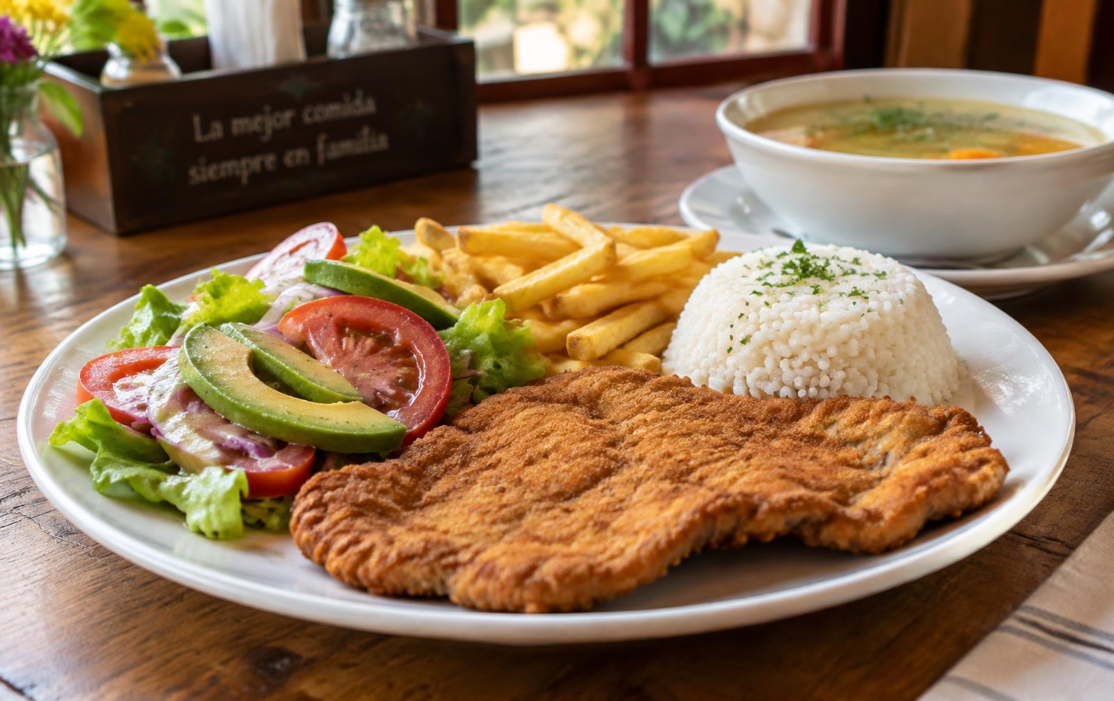 Almuerzo servido con arroz, papas y ensalada — foto de referencia
